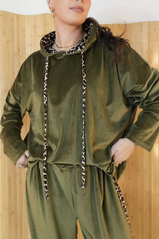 Binky Leopard Soft Stretch Velour Hoodie Lounge Suit Khaki